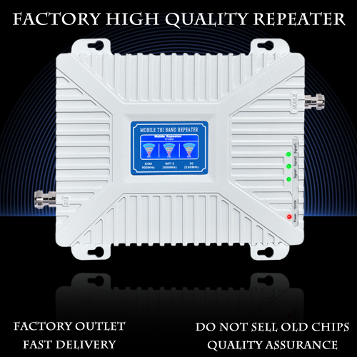 For 900/2100/2600MHz GSM 2G 3G 4G Tri-Band Mobile Phone Signal Booster with 70dB Gain and 500sqm Indoor/Outdoor Coverage
