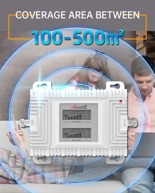 For 900/2100/2600MHz GSM 2G 3G 4G Tri-Band Mobile Phone Signal Booster with 70dB Gain and 500sqm Indoor/Outdoor Coverage